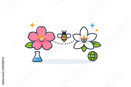 Cross pollination innovation featuring a fruit blossom connected to a second blossom by a small bee icon, symbolizing scientific breeding and new hybrid