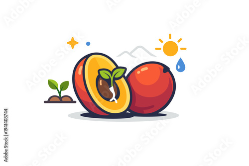 Experimental fruit varieties in emerging regions illustrated by a split fruit half revealing a small sprouting seed inside, representing research driven