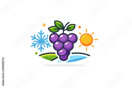 Cold hardy grape cultivation centered on a compact grape cluster intertwined with a subtle snowflake and sun symbol, communicating balance between warmth and
