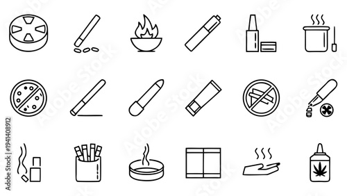 Thirty minimalist smoking line icons appear on a black background.