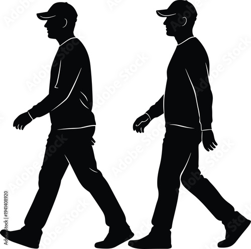 Silhouette illustration of two people walking in motion, baseball caps, casual clothing, long-sleeve shirts, pants, stride posture concept