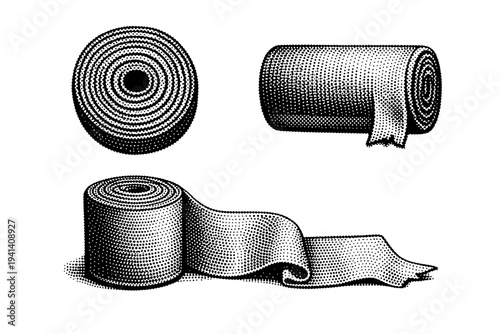 Medical bandage roll A tightly rolled elastic medical bandage with visible fabric texture and loose end detail, presented in top view, side view, and partially