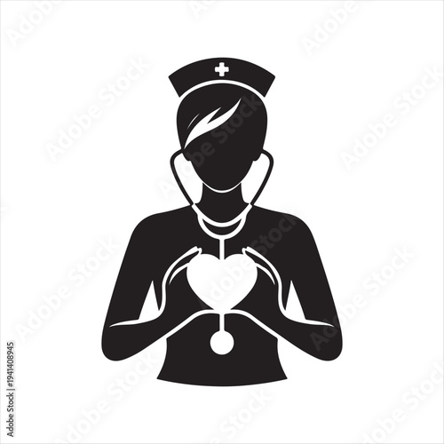  Nurse heart-stethoscope abstract silhouette line art logo design concept illustration idea
