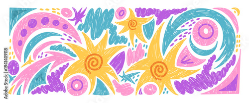 Stars, irregular blobs, arrows pastel crayon drawn pattern set. Kindergarten chalk elements doodle isolated on white background. Kid twinkles dynamic elements. Vector illustration by colorful pencil.