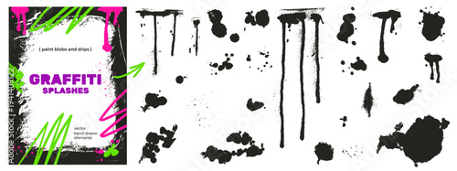 Spray drip and grunge paint splatter with black ink blob and splotch. Graffiti splash and splodge stain set for street art poster. Isolated urban vector pack with dot and smudge for grunge design.