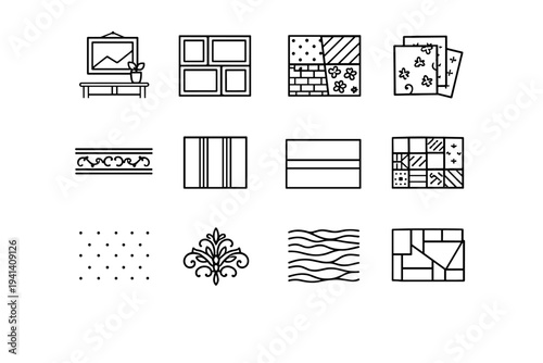 Decorative Wallpaper Ideas. Line icon set of Decorative Wallpaper Ideas: art wall, panel framing, mixed patterns, layered wallpaper, border trim, vertical