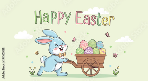 Happy blue bunny pushing a wooden wheelbarrow full of easter eggs