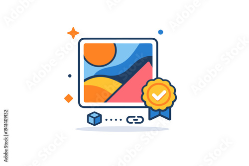 NFT digital art token focused on uniqueness with a single abstract artwork marked by a subtle certificate badge, communicating rarity, value, and digital