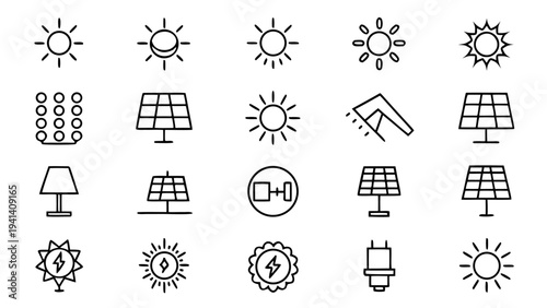 A collection of eighteen white outline solar energy icons including panels and sun symbols is arranged in a grid on a black backdrop.
