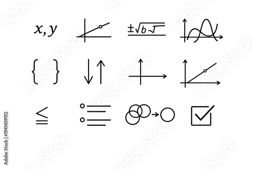 Algebra Formula. Line icon set of Algebra Formula: variable symbols, linear equation, quadratic formula, polynomial curve, brackets, substitution arrows, graph