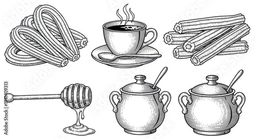 Churros with Coffee and Honey - Hand-Drawn Illustration