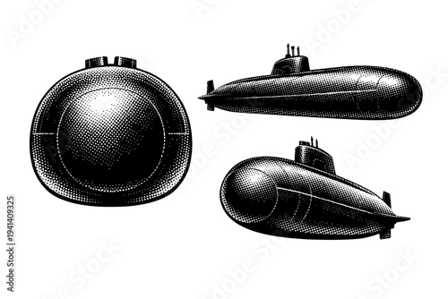 Submarine bow section A realistic submarine bow section presented as one object in three views: frontal rounded bow view, side profile view, and angled