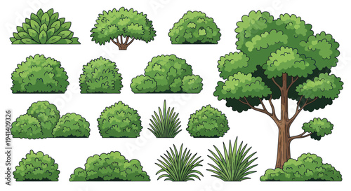 Collection of Diverse Green Bushes and Trees, Isolated on White Background