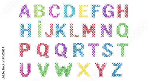 Colorful Cross Stitch Alphabet Letters A to Z on White Background