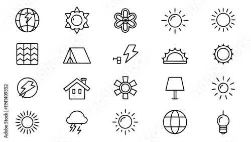 Water droplets and power plug icons are presented as white thin line graphics in a organized three row grid on a black background.