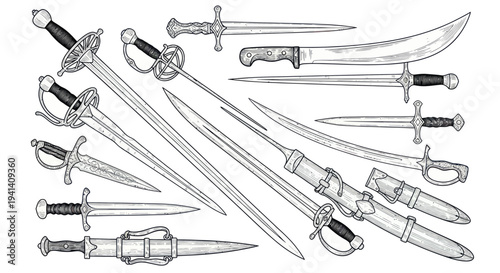 Collection of Historical Swords, Daggers, and Sabers - Black and White Line Art