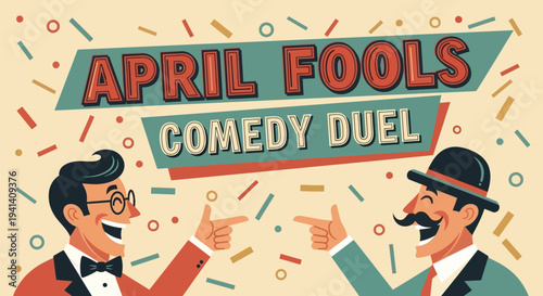 Two comedians in a playful comedy duel on april fools' day with colorful confetti
