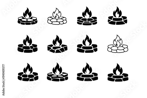 Installing an outdoor fire pit. Icon set. Set Logo of Installing an outdoor fire pit: stacked stones. harmonious logo variations of the same emblematic
