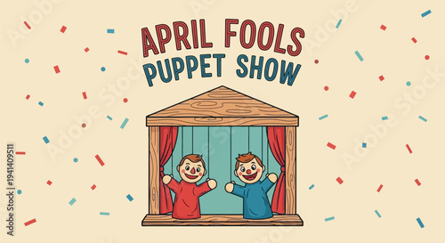 Two boys performing in a colorful puppet theater on stage with confetti