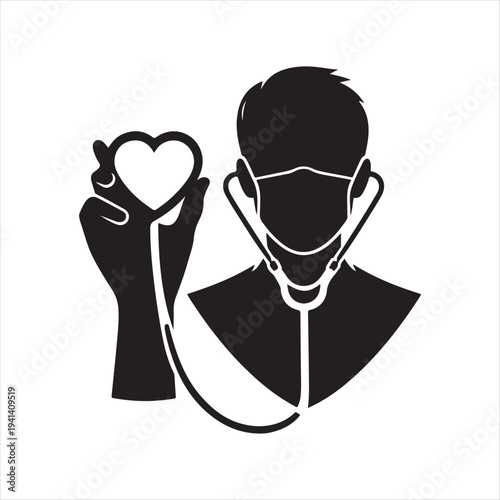  Nurse heart-stethoscope abstract silhouette line art logo design concept illustration idea