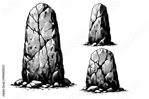 Stone Monolith ? weathered ritual stone. A weathered stone monolith with cracks and erosion depicted as a single object shown in three different