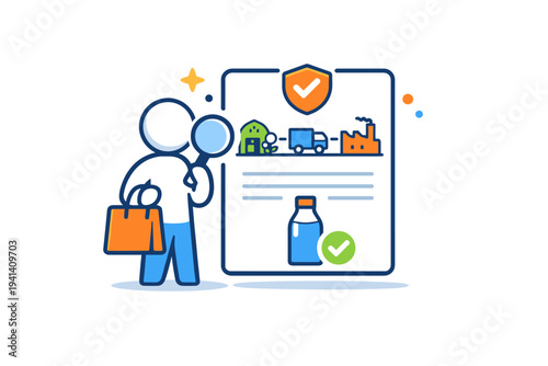 Consumer trust through transparent supply chains illustrated by a shopper icon viewing product history data, suggesting informed choices, clarity, and brand