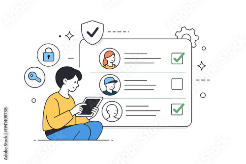 Online accounts preparation. A modern editorial scene of a person assigning access permissions with checkmarks and profile icons. The mood feels calm, secure,
