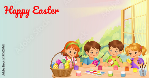 Happy Easter horizontal vector illustration with children painting Easter eggs at a table near a window, festive spring scene with copy space.