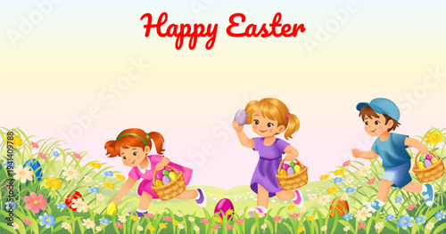 Happy Easter horizontal vector illustration with children with baskets hunting for eggs in a spring meadow festive seasonal scene with copy space.