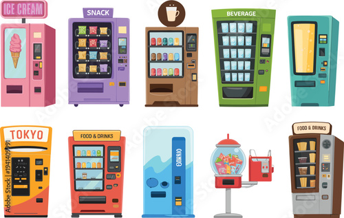 Colorful vending machines collection with ice cream, snacks, coffee, beverages, candy and drinks isolated modern automated retail vector illustration set