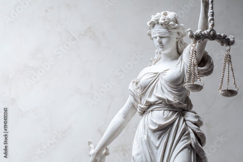 white marble statue of lady justice isolated on clean white background, soft studio lighting, minimal legal concept