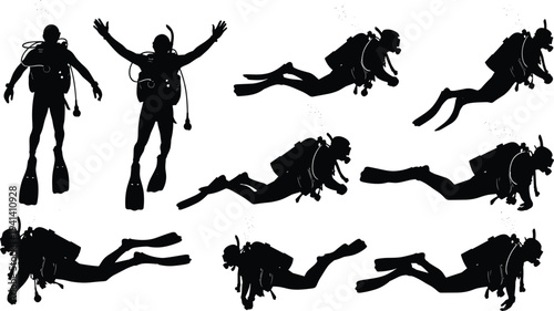 Black silhouettes of scuba divers swimming underwater, deep sea diving exploration, aquatic adventure sports, isolated on white background, snorkeling icons.