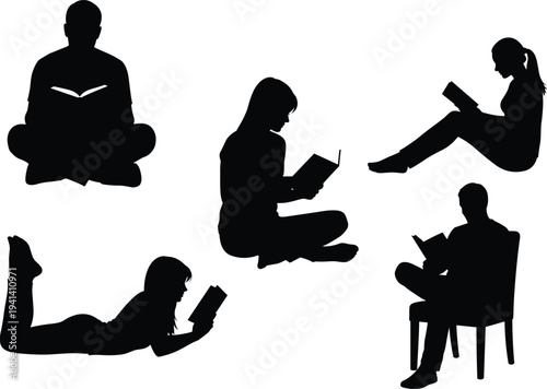 Black silhouettes of people reading books in different poses, sitting and lying down, isolated on white background, education and relaxation.