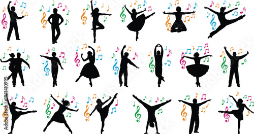Silhouettes of diverse dancers performing ballet and modern dance with colorful musical notes, isolated on white background, music and movement.