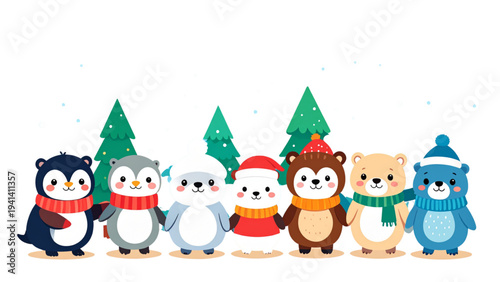 Adorable arctic animal characters group with penguin seal polar bear and walrus wearing winter accessories in a cute flat vector design