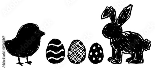 Rabbit and chick silhouette icons with patterned Easter eggs in ink doodle style