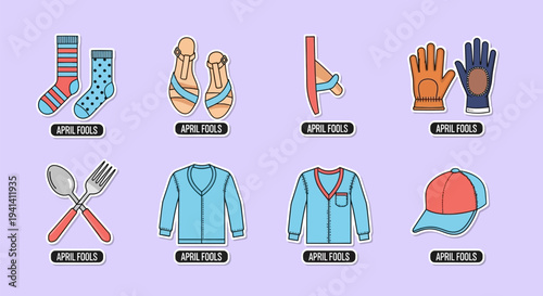 Colorful april fools' day icons set including clothing and tableware on light purple background