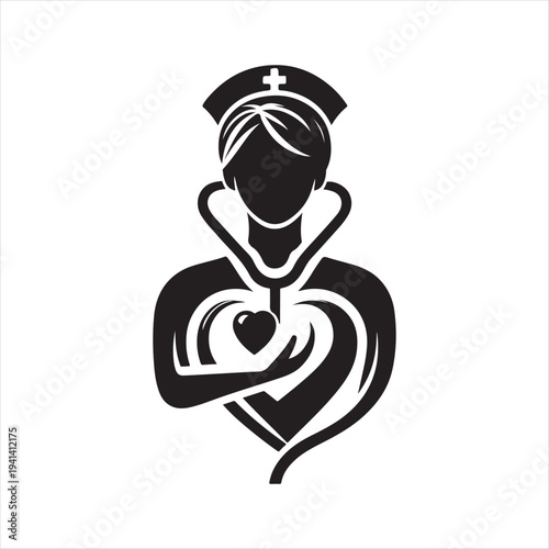  Nurse heart-stethoscope abstract silhouette line art logo design concept illustration idea