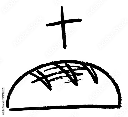Bread and cross symbol for religious communion or Easter in doodle style