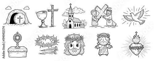Christian religious symbols and characters set with Jesus church and resurrection icons in doodle style