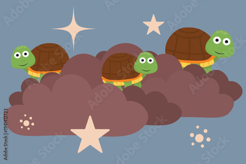 Three funny tortoise characters looking from cloud. Cute turtles in dark cloud. Night sky scene