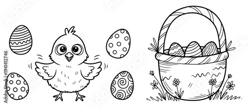 Easter chick and decorated eggs with wicker basket in cute cartoon outline style