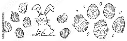 Easter bunny sitting among many decorated eggs hand drawn doodle style