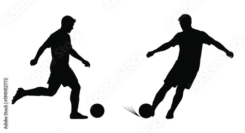 Two men playing soccer one kicking the ball black silhouette