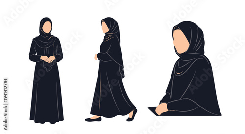 Three women in traditional islamic dress shown in silhouette