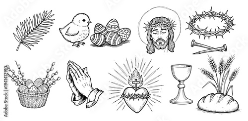 Christian holiday icons set with sacred heart Jesus and praying hands in detailed hand drawn style