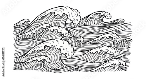 Stylized Ocean Waves Drawing, Black and White Sea Swell Illustration