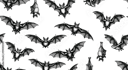 Vintage Bat Pattern Illustration - Flying and Hanging Mammals