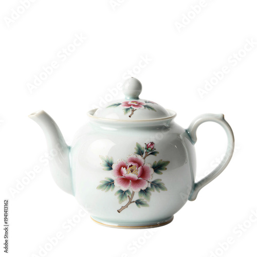 Porcelain teapot with floral design, glossy finish, centered on white background