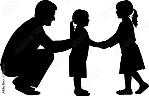 Happy father day silhouette of loving dad holding hands with two daughters